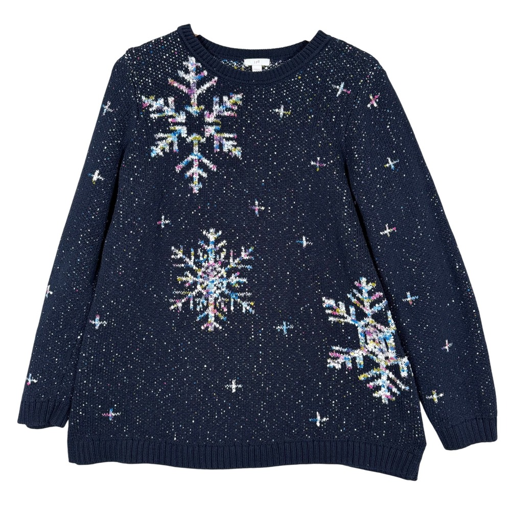 J. Jill Snowflake Confetti Knit Pullover Sweater Womens Large‎ Navy Blue Cozy